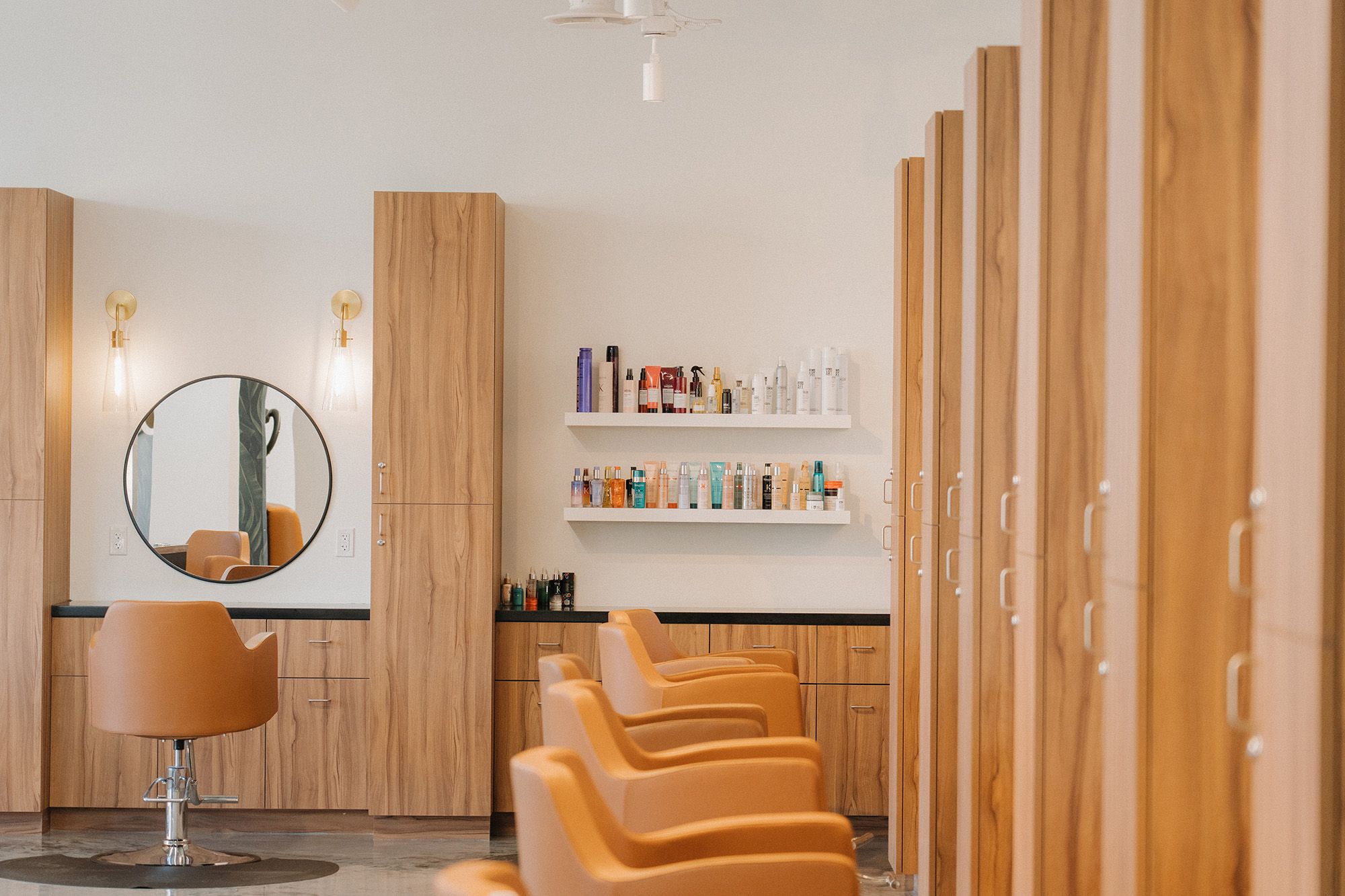 Beautiful modern hair salon with wood finishes