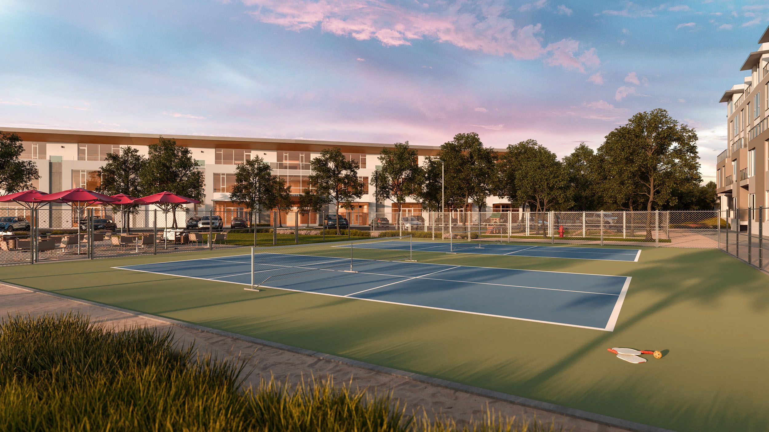 Pickleball courts in late afternoon sun