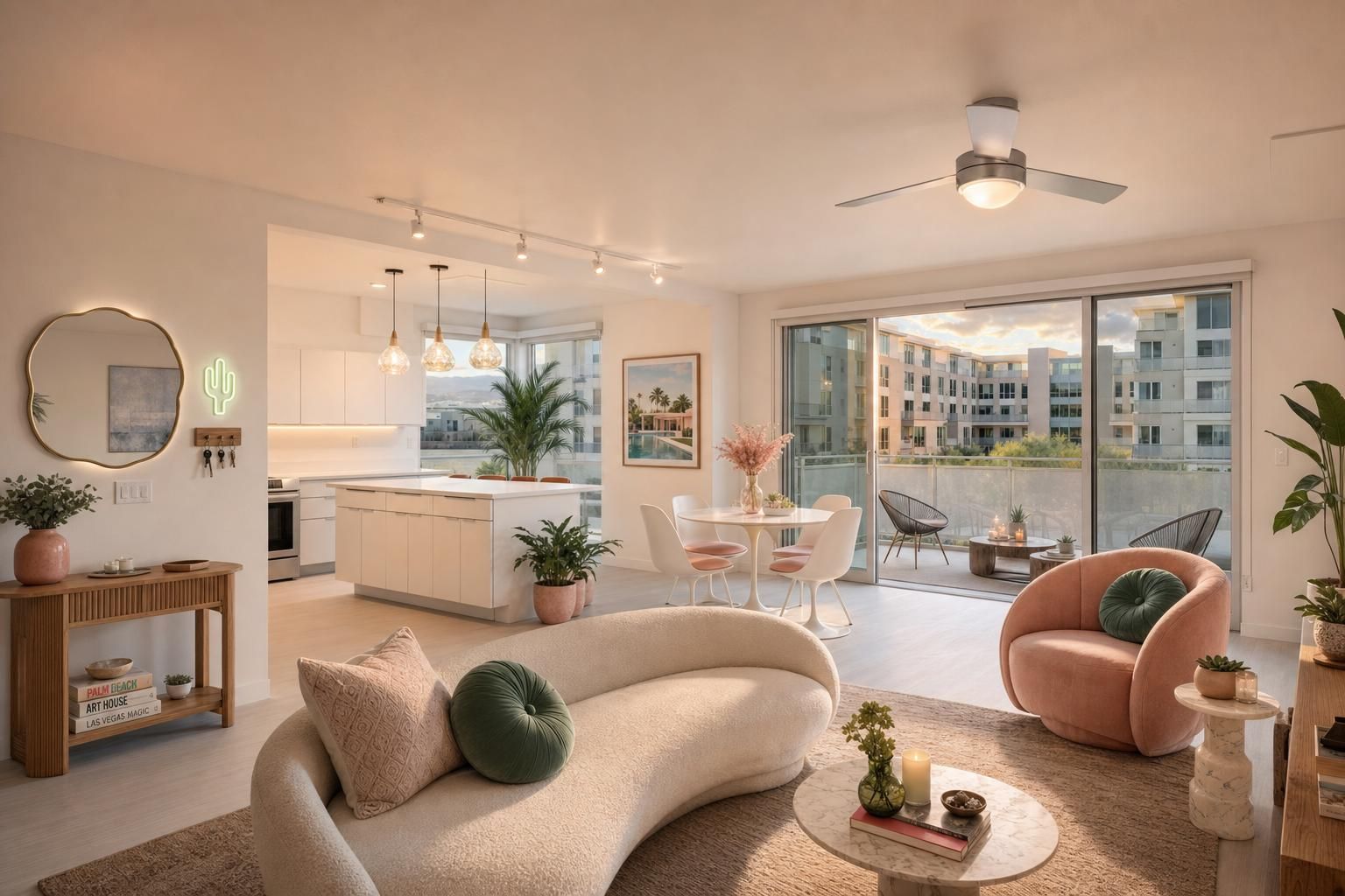 Modern open-plan living room and kitchen with stylish furniture, large windows, and balcony with city view at sunset.