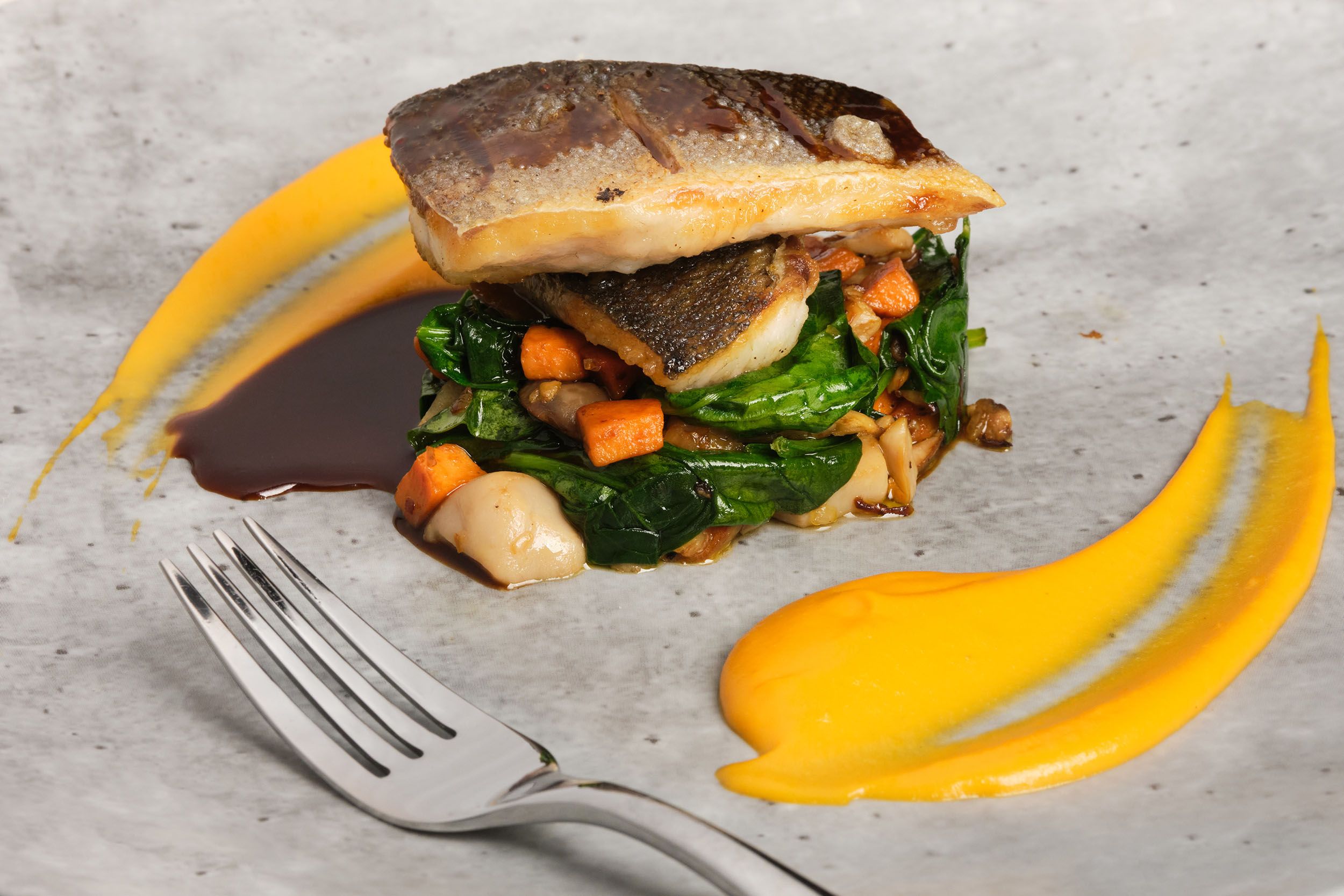 Gourmet white fish served with vegetables and sauce on grey plate