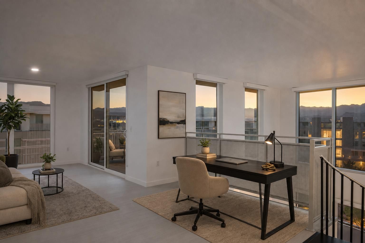 Modern loft with a home office setup, large windows, a sofa, plants, and cityscape views at sunset.