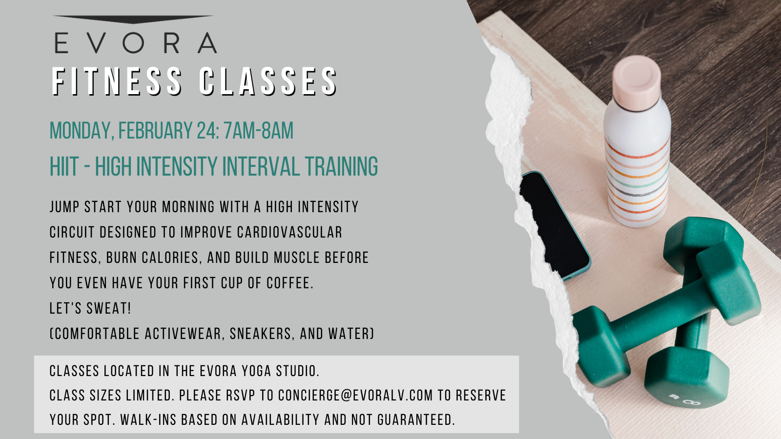 Flyer for Evora Fitness Classes on February 24, featuring HIIT training with equipment like dumbbells and a yoga mat.