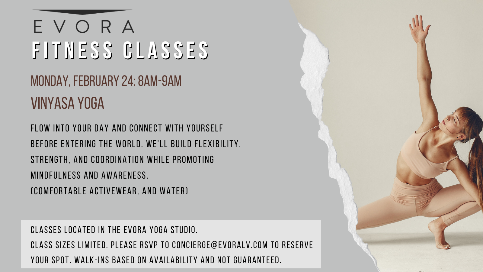 Fitness class flyer with a woman doing yoga. Text includes details about Vinyasa Yoga and how to RSVP for a session.