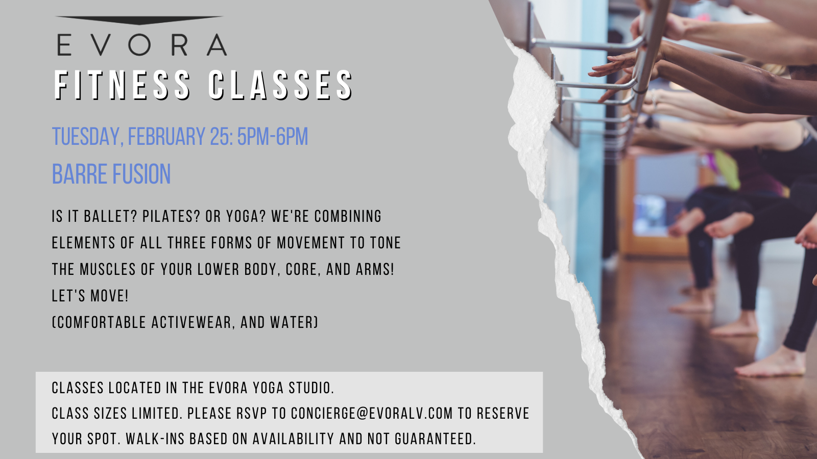 A flyer for Evora Fitness Classes promoting a Barre Fusion session on February 25, 5PM-6PM, with details on how to RSVP.