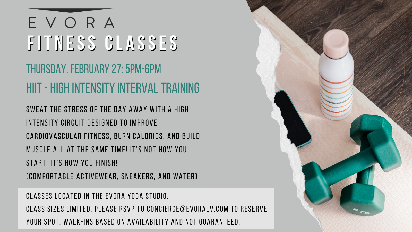 Flyer for Evora Fitness Classes featuring HIIT on February 27, 5PM. Includes details and a photo of dumbbells.