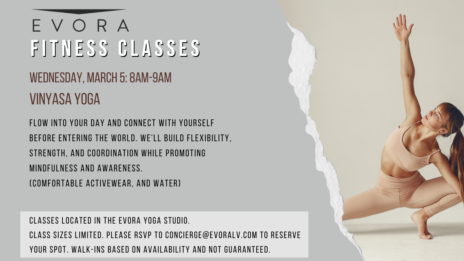 Fitness class flyer with a woman in a yoga pose and event details for Vinyasa Yoga on March 5th, 8-9 AM.