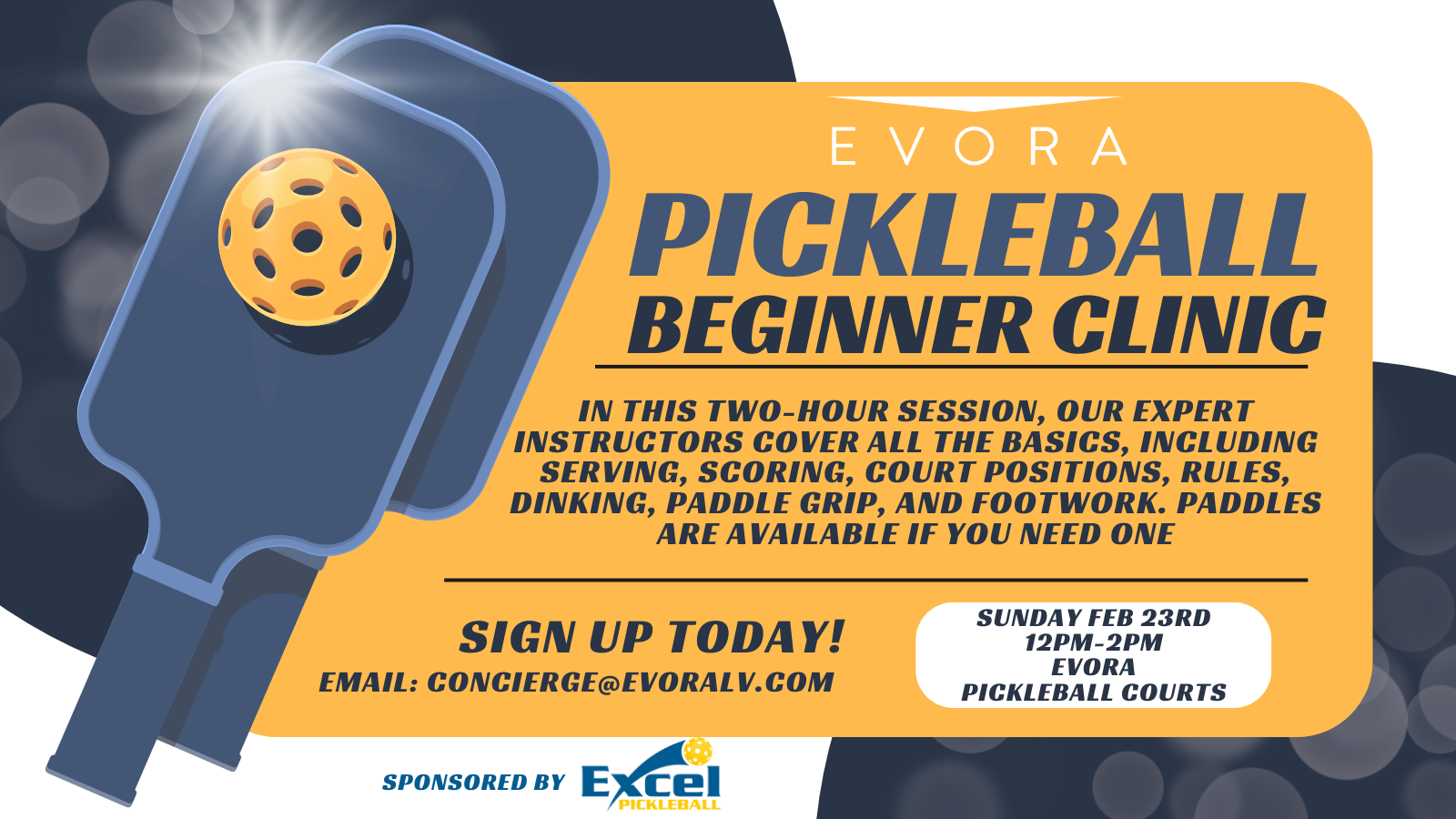 Pickleball beginner clinic poster with event details, paddle, and ball graphics.