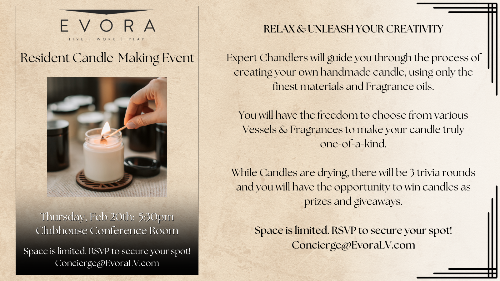 Flyer for a candle-making event and trivia night at Evora on Thursday, Feb 20th, 5:30pm in the Clubhouse Conference Room.