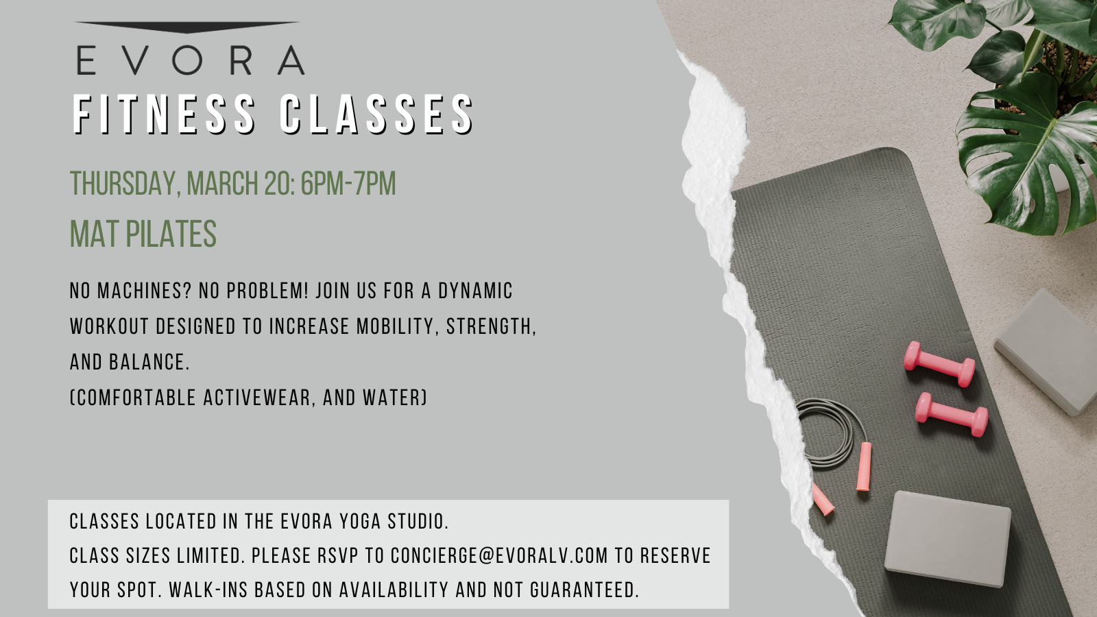 Yoga mat, dumbbells, and shoes on floor. Evora fitness classes details are written beside.