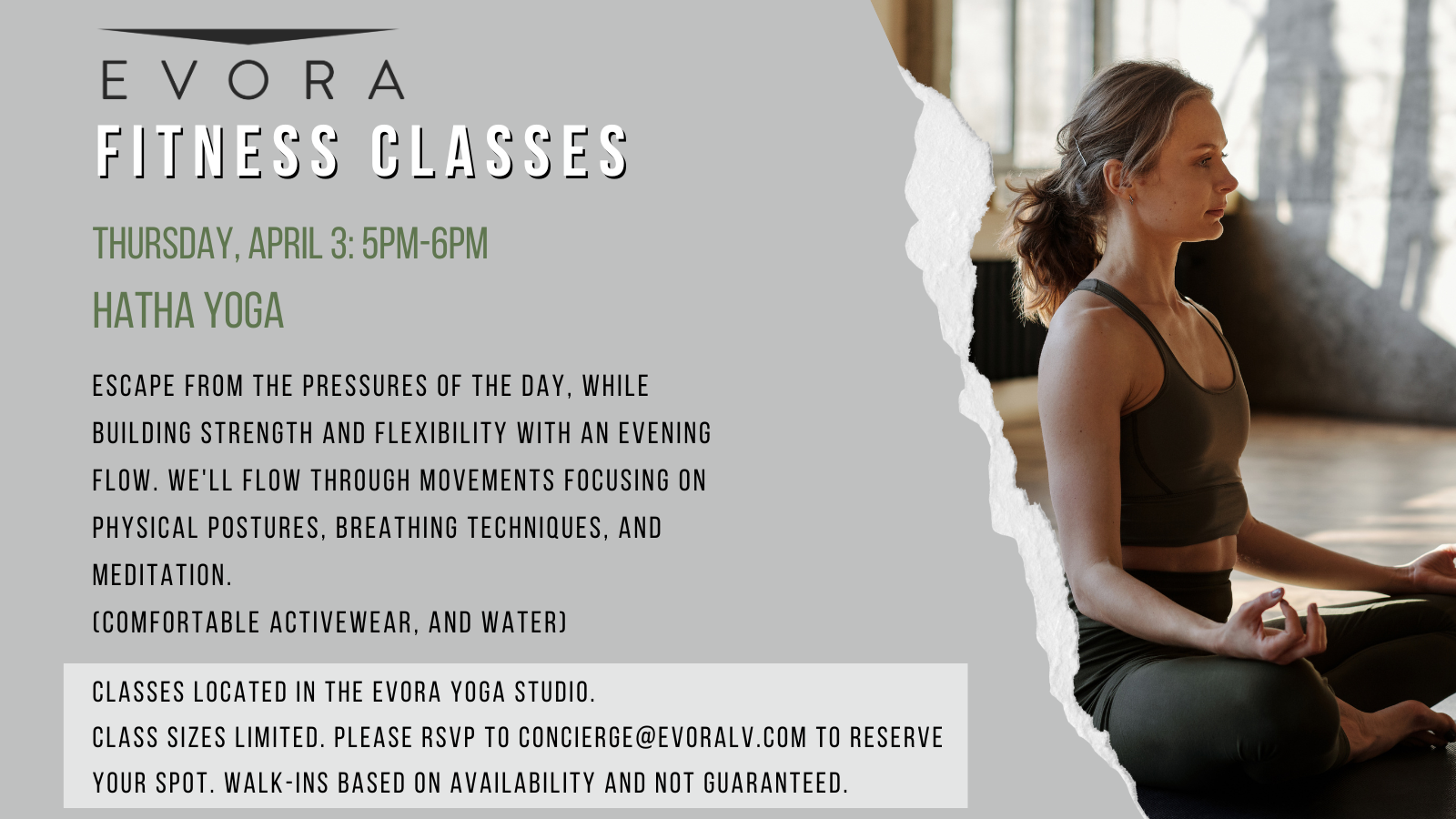 Woman meditating on yoga mat indoors. Evora Fitness Classes promotional text on the left.