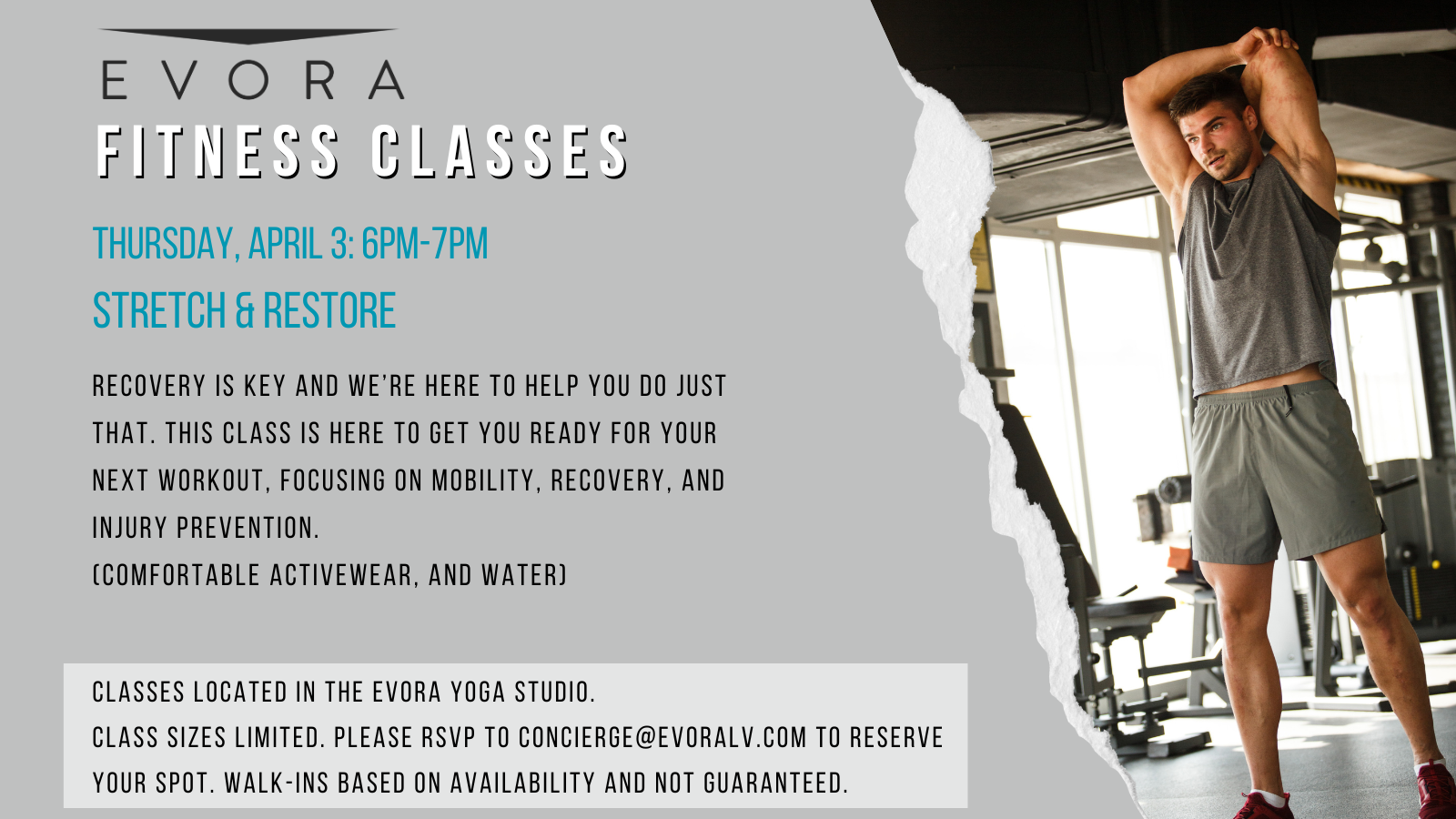 Man stretching in a gym; text details fitness class on Thursday, April 3, 6PM-7PM, focusing on mobility and recovery.