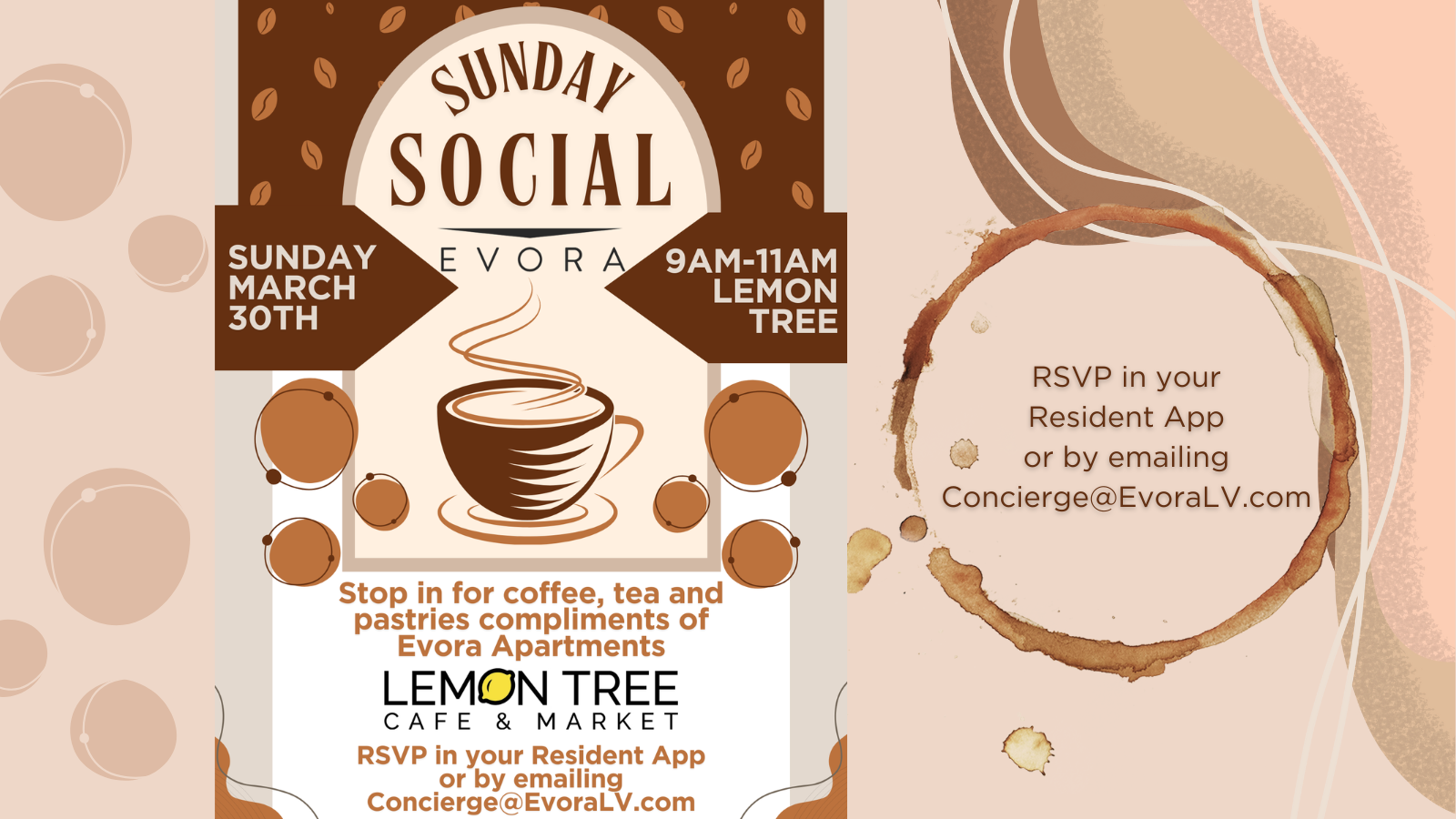 Flyer for "Sunday Social" at Lemon Tree, March 30th, 9-11AM. RSVP via Resident App or email. Coffee and pastries included.