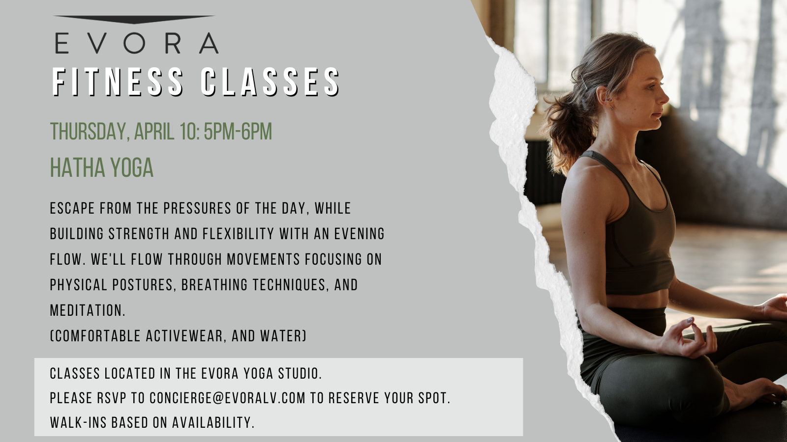 Woman practicing yoga indoors; text details a yoga class at Evora.