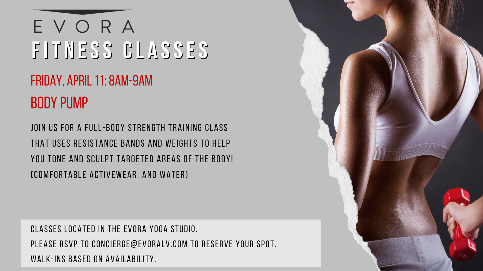 Evora Fitness Classes flyer for Body Pump on April 11, 8AM-9AM. Full-body strength training, RSVP required.