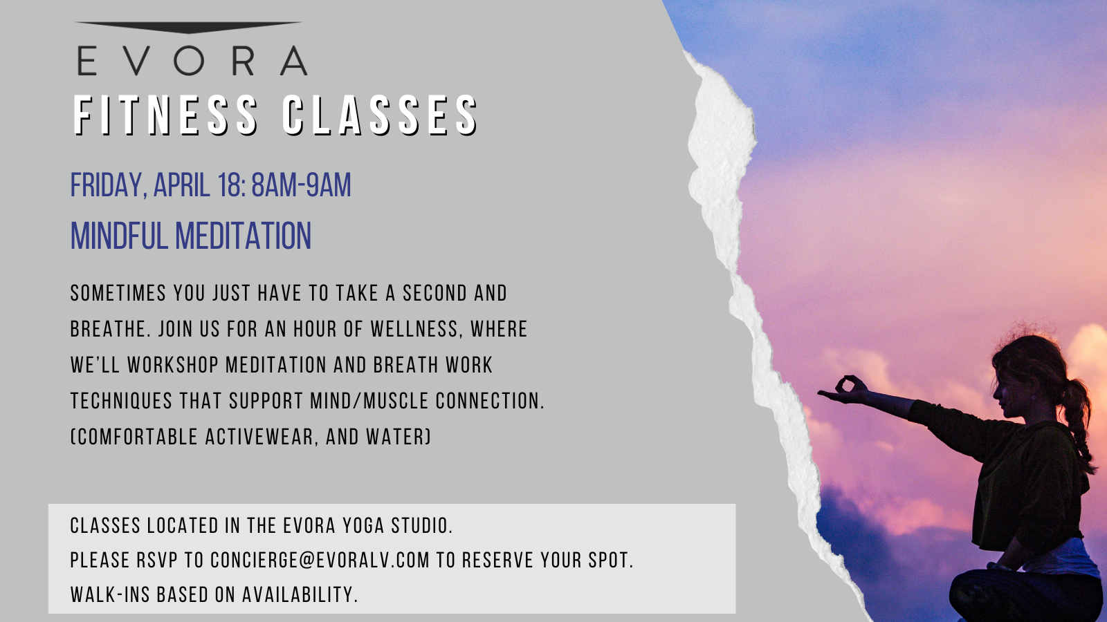 Silhouette of a woman meditating near cliff with text about Evora fitness classes and mindful meditation session.