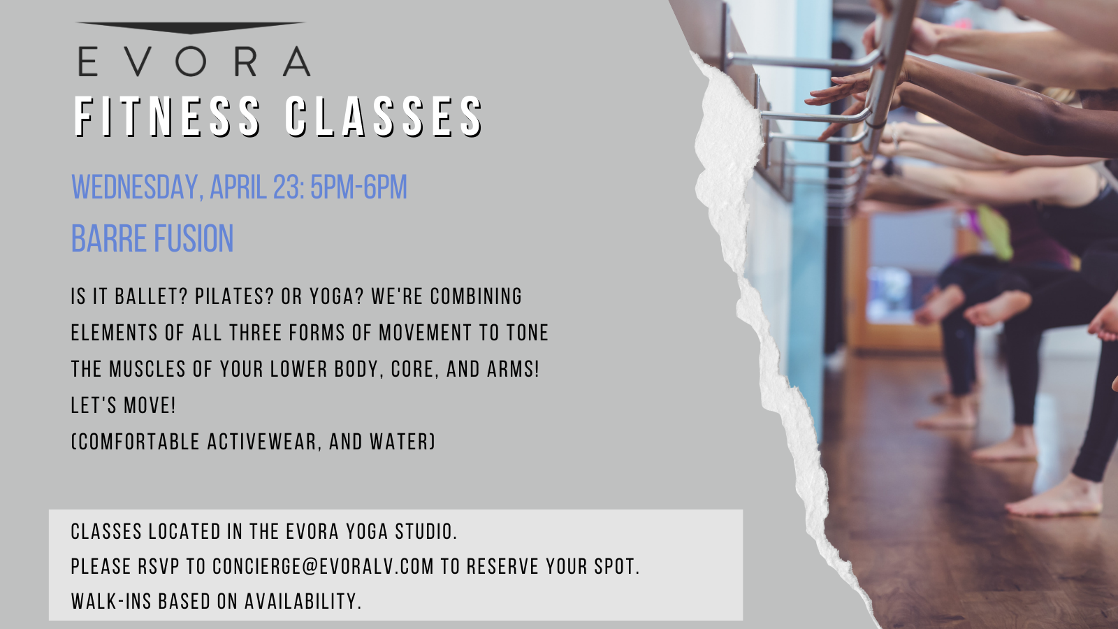 People in athletic wear doing barre exercises in a fitness studio with class details listed on the left.