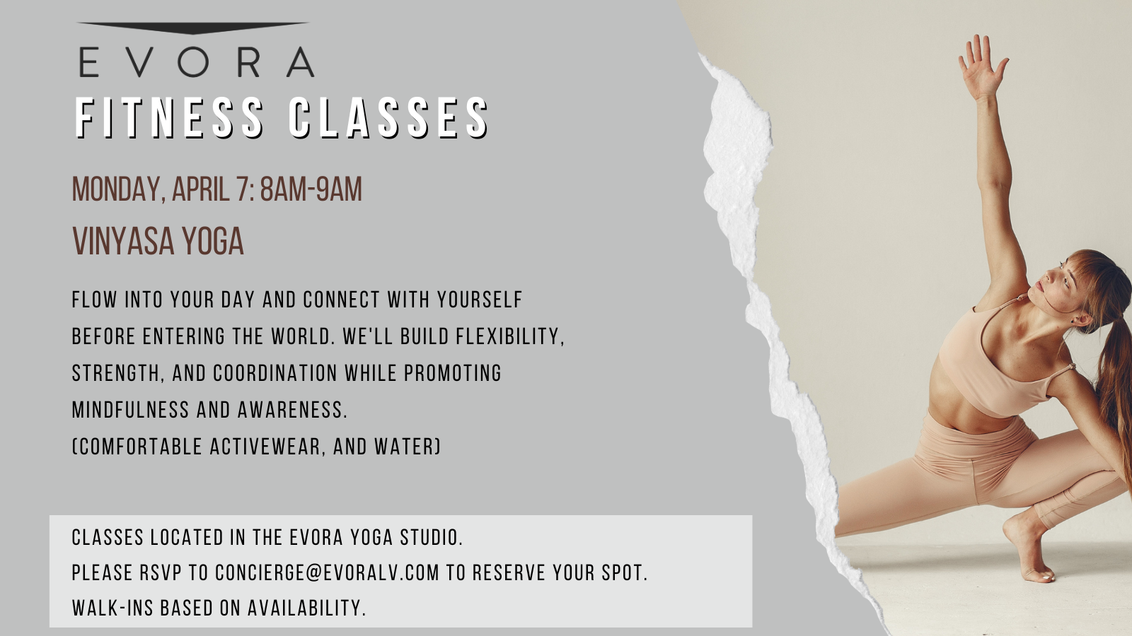 Yoga class flyer with a woman in a yoga pose. Details include date, time, and contact info for reserving a spot.