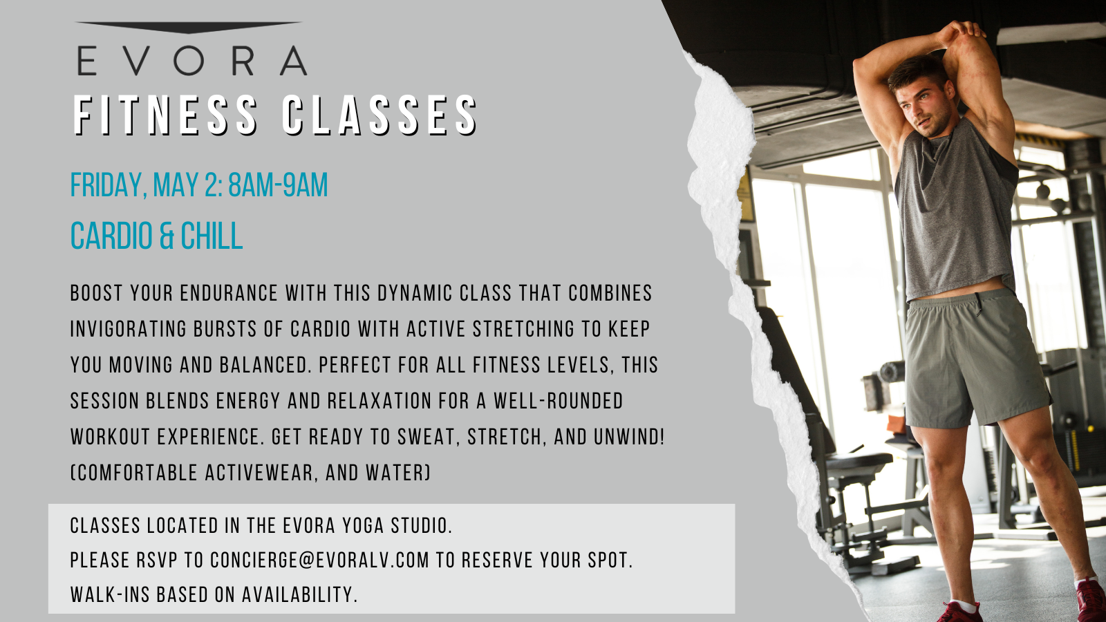 Promo for Evora fitness class. Man in gym clothes stretching on equipment; class details listed on left.