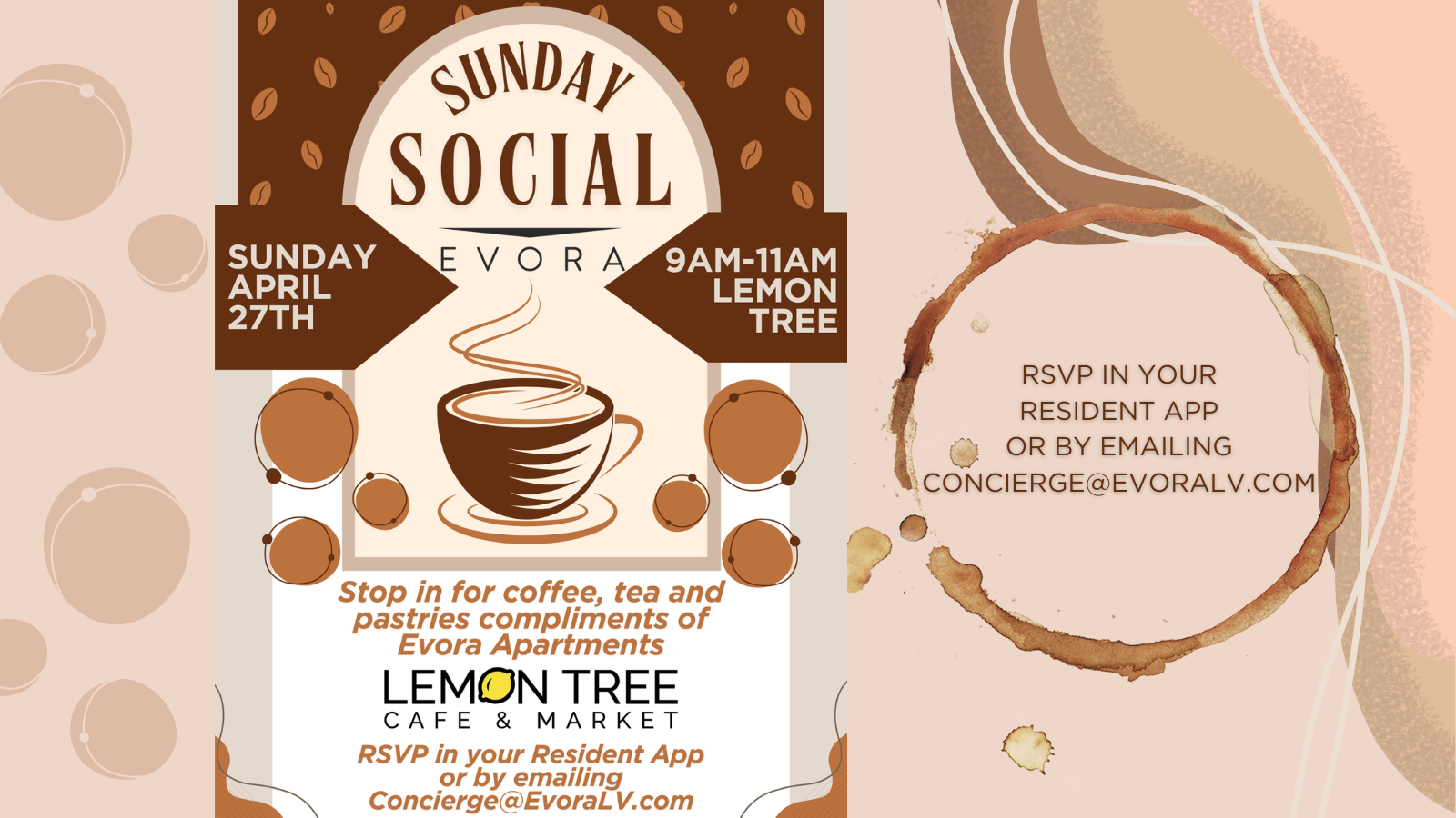 Sunday Social event flyer with coffee cup illustration, event details, and RSVP information.