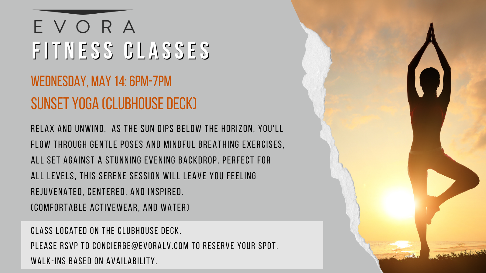 A person does yoga at sunset on a deck; text advertises Evora's sunset yoga class on May 14, 6–7pm.