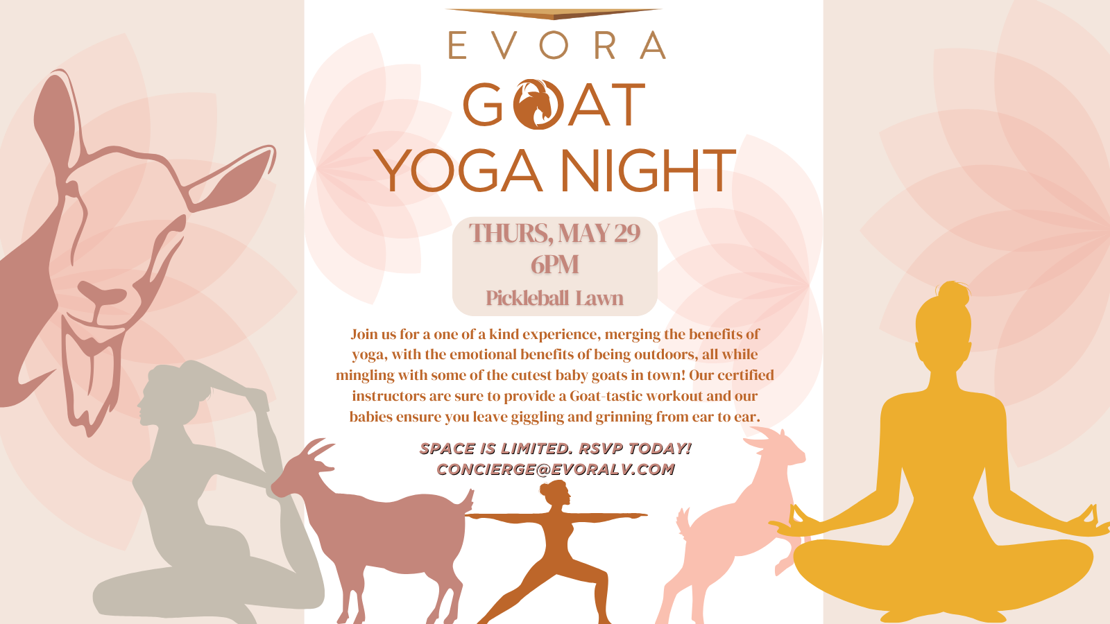 Goat Yoga Night event flyer with goat and yoga illustrations, event details, and RSVP info.