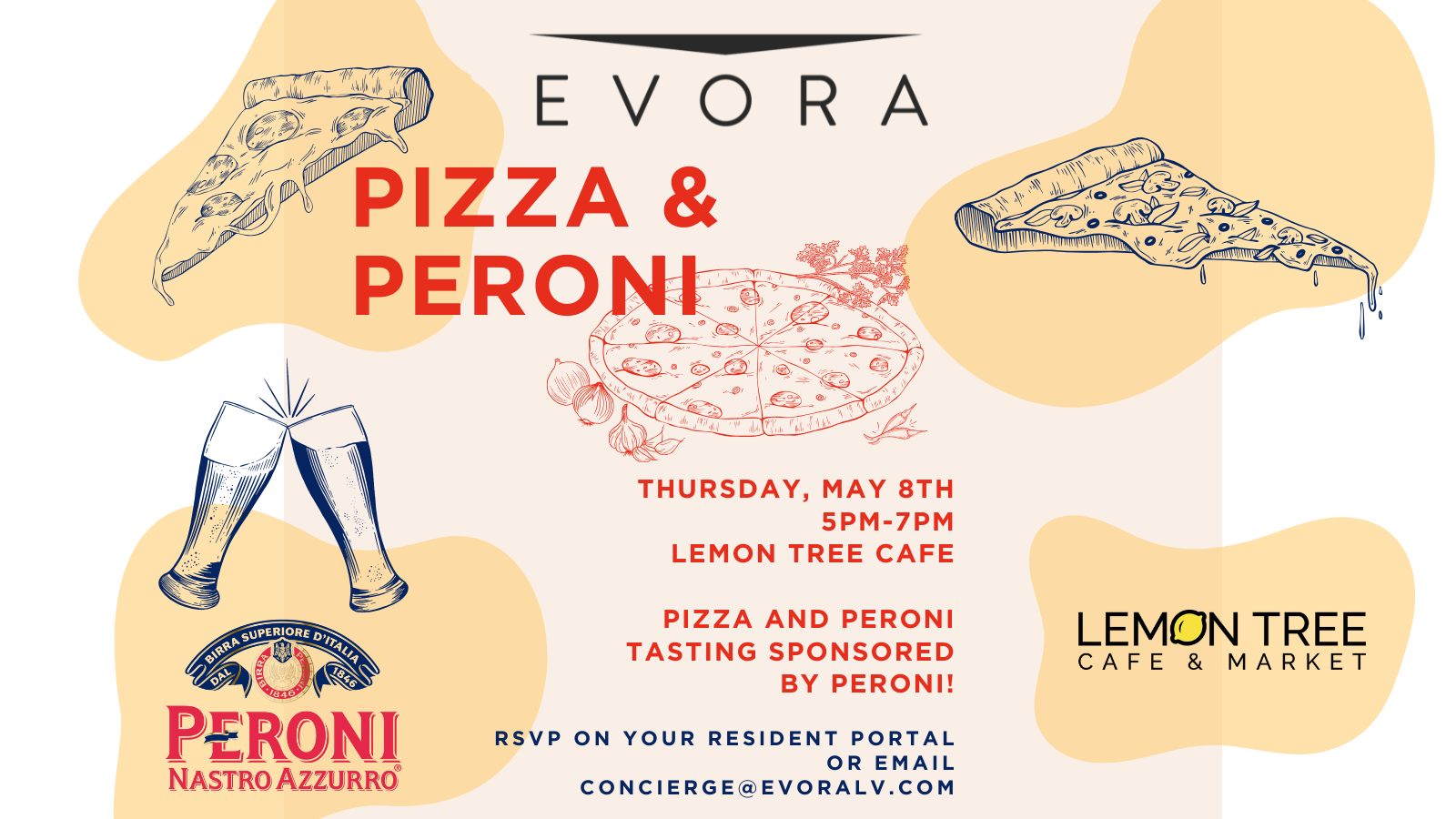 Flyer for a pizza and Peroni tasting event at Lemon Tree Cafe on May 8th, with pizza and beer illustrations.