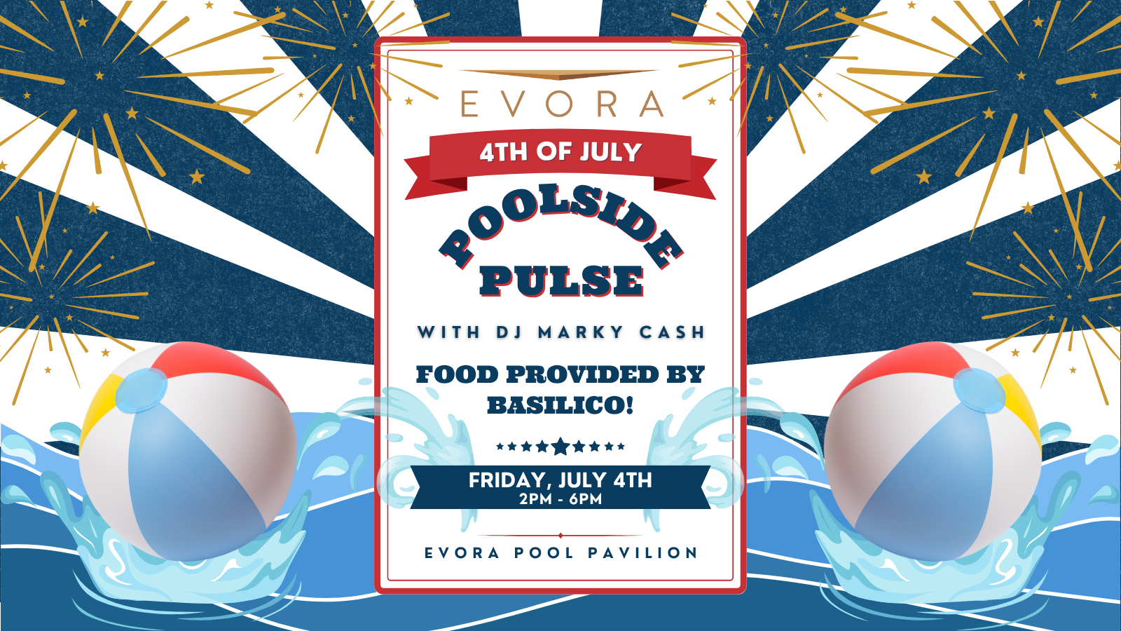 Pool party flyer with fireworks, beach balls, and event details for a 4th of July poolside celebration.