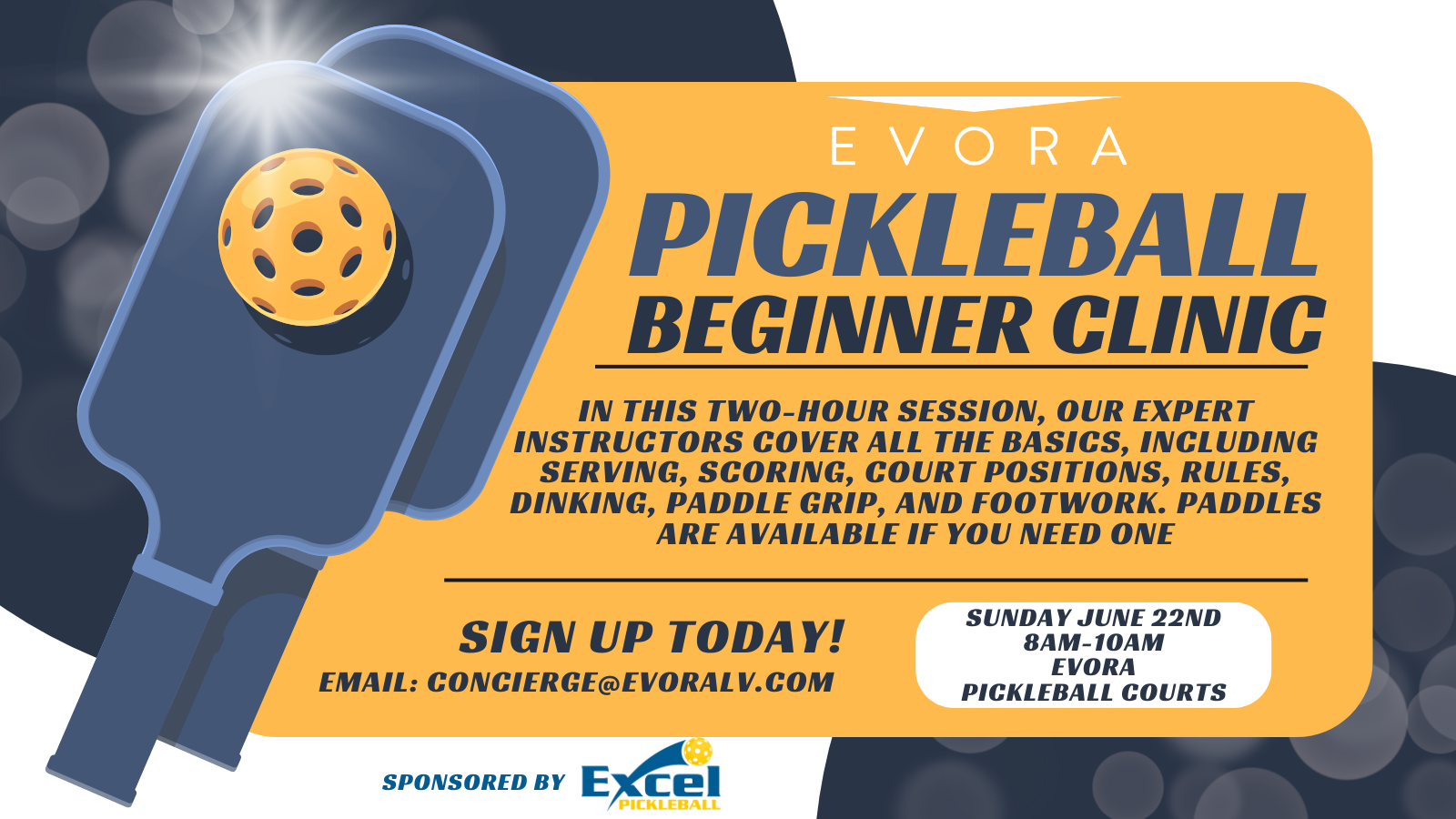 A promotional graphic for a pickleball beginner clinic, featuring a paddle and ball with event details.
