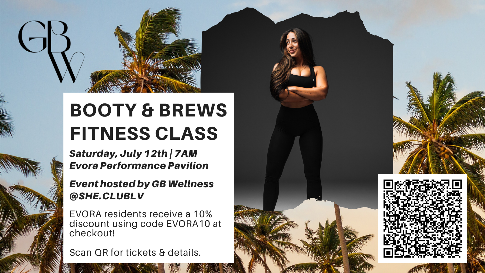 Woman in fitness attire stands confidently; palm trees and event details for a fitness class appear in the background.