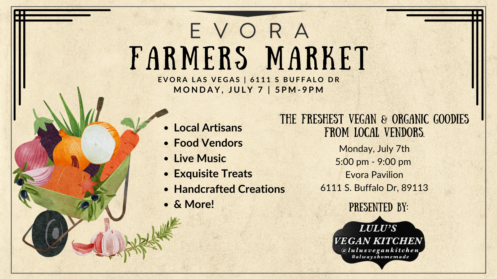 Flyer for Evora Farmers Market with produce illustrations and event details, presented by Lulu’s Vegan Kitchen.