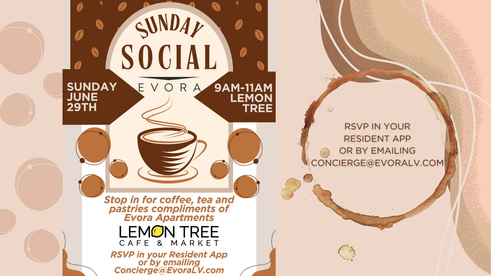 Flyer for a Sunday Social at Evora with coffee, tea, and pastries, June 29, 9–11 AM, Lemon Tree Cafe.