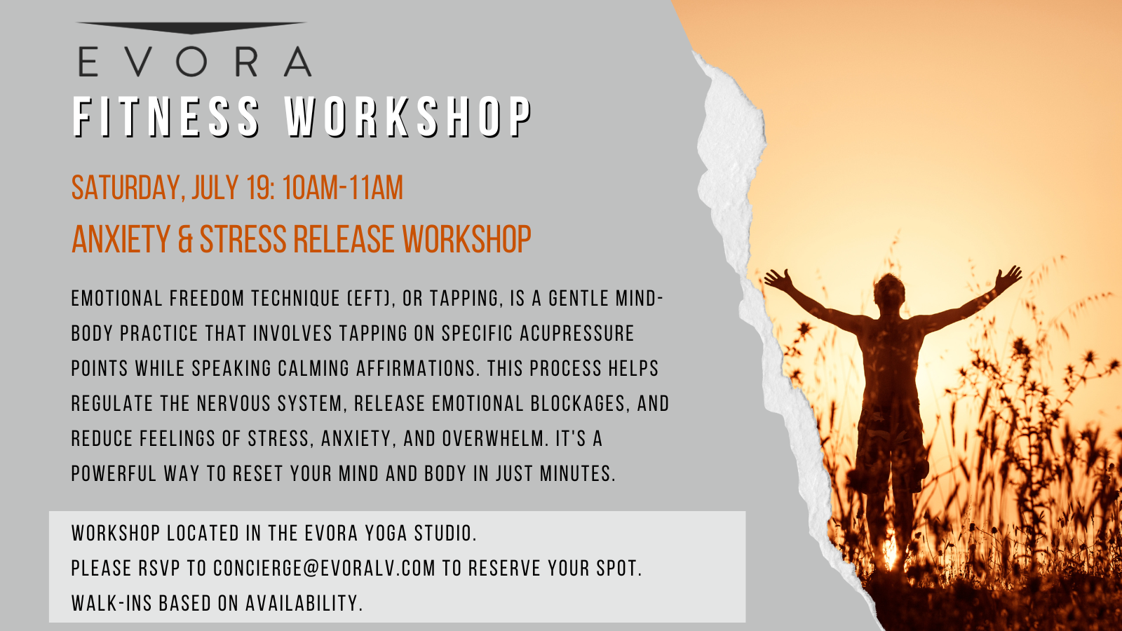 Flyer for Evora Fitness Workshop on anxiety and stress release, held July 19, 10am-11am, at Evora Yoga Studio.