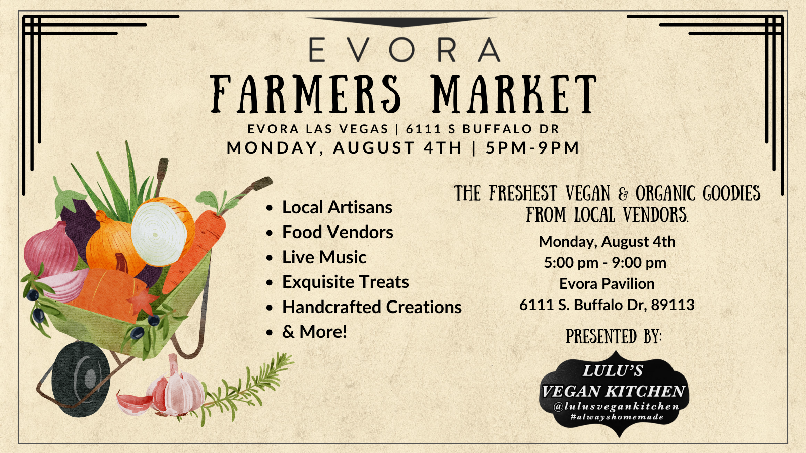 Flyer for Evora Farmers Market with produce illustrations and event details for August 4th, 5–9PM in Las Vegas.