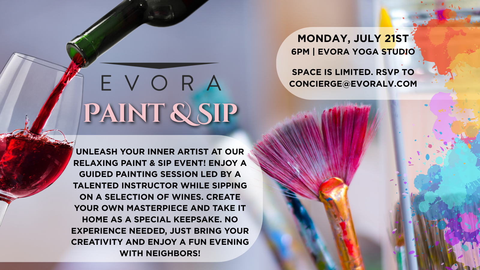 A wine glass is being filled next to colorful paintbrushes; event details for a Paint & Sip are shown.