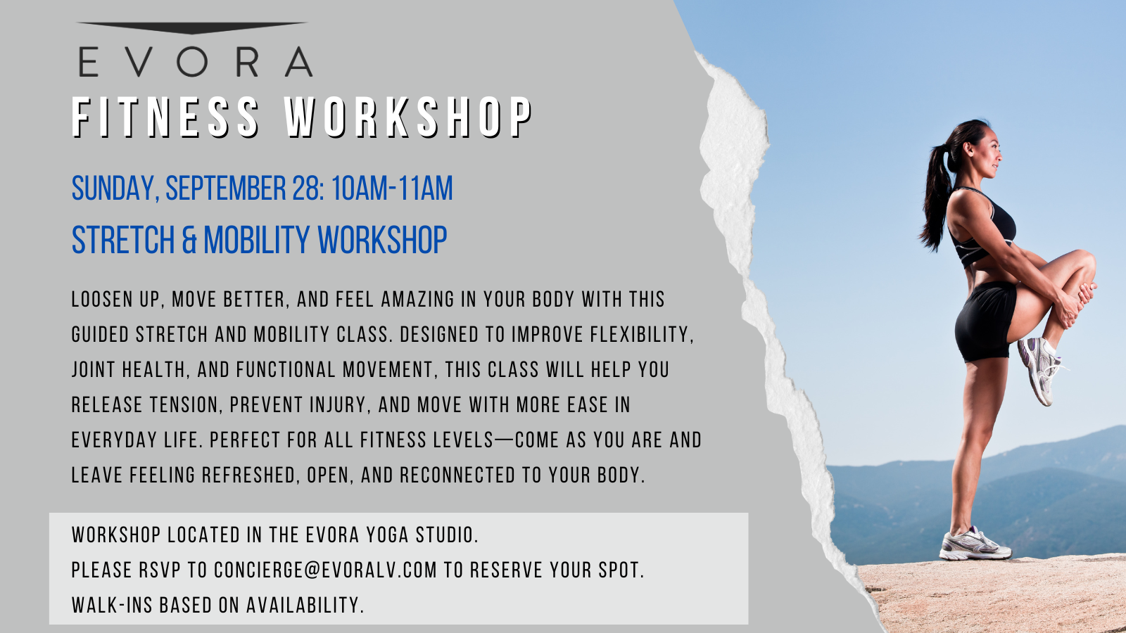 Woman in workout gear does a lunge on a rock with mountains in the background; fitness workshop details shown.