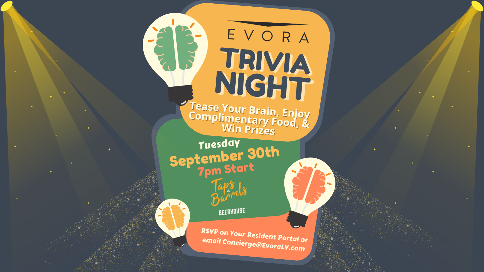 Colorful trivia night flyer with light bulbs, event details, and spotlights shining on the text.