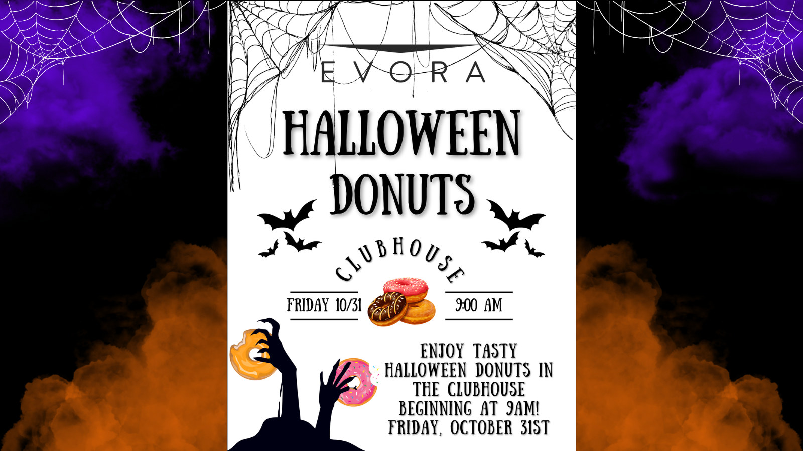 Halloween donut event flyer with spooky graphics, bats, donuts, and event details for October 31 at 9 a.m.