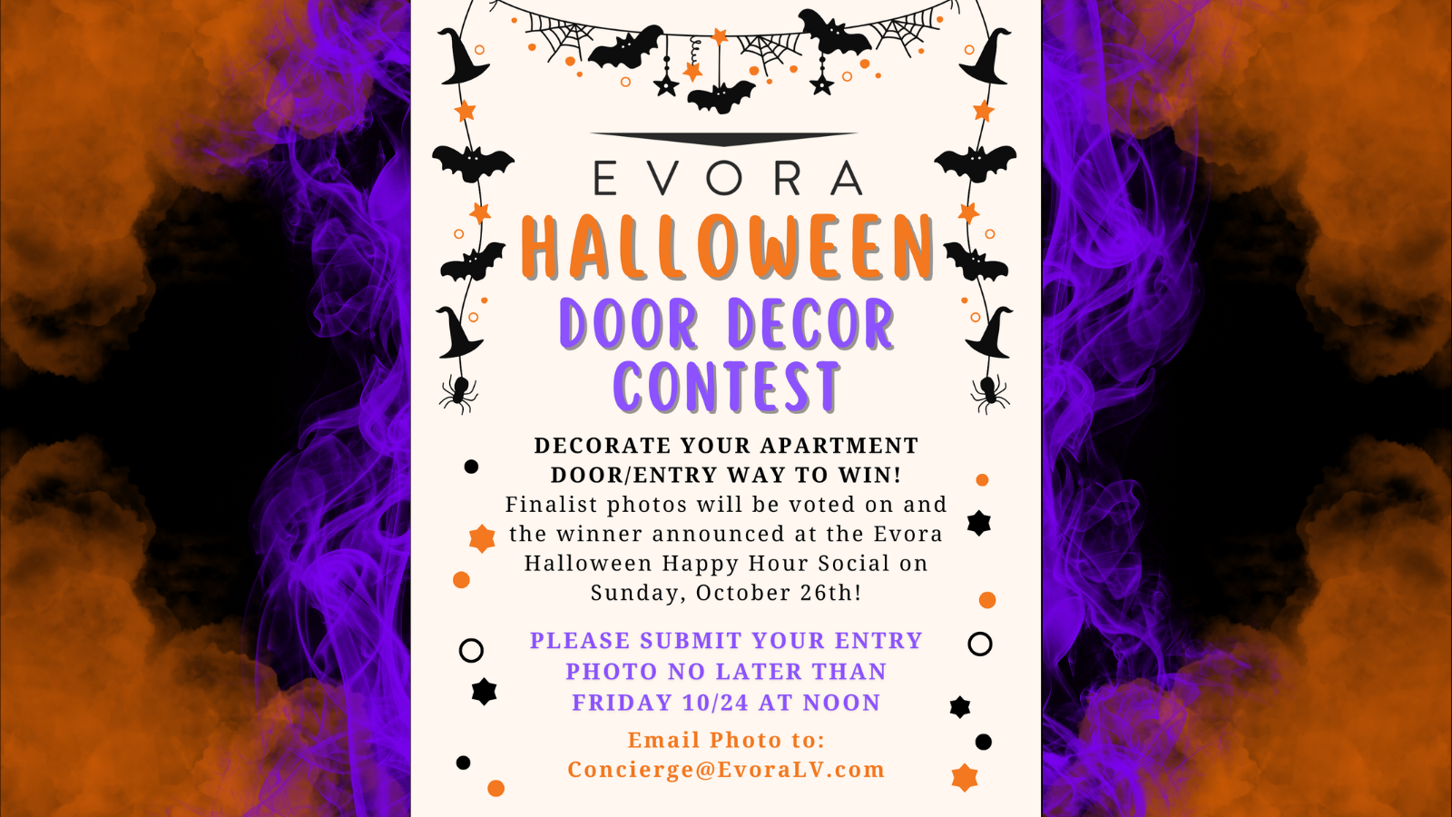 Halloween door decor contest flyer with bats, spiders, and event entry details on a purple smoke background.