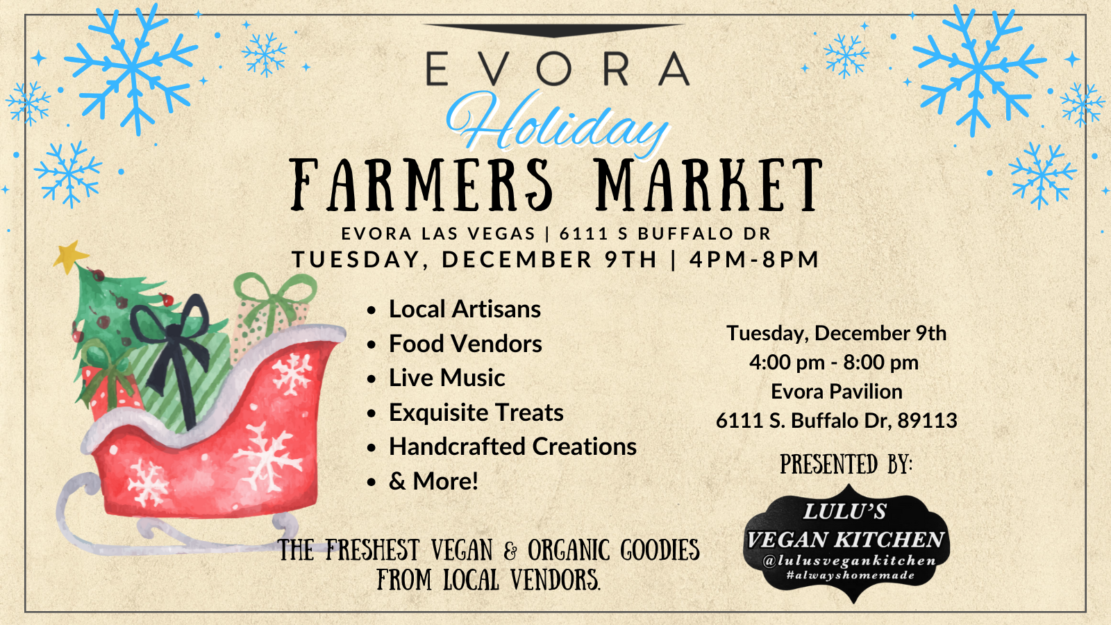 Illustrated holiday market flyer with a red sleigh, snowflakes, and event details for a December 9th farmers market.