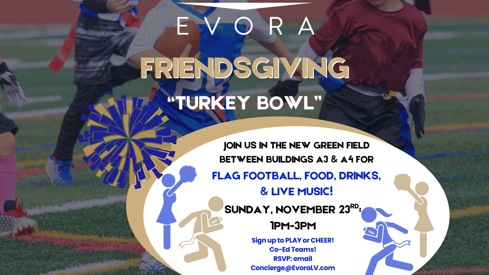 Colorful flyer for a Friendsgiving flag football event with date, time, and RSVP details on a field background.