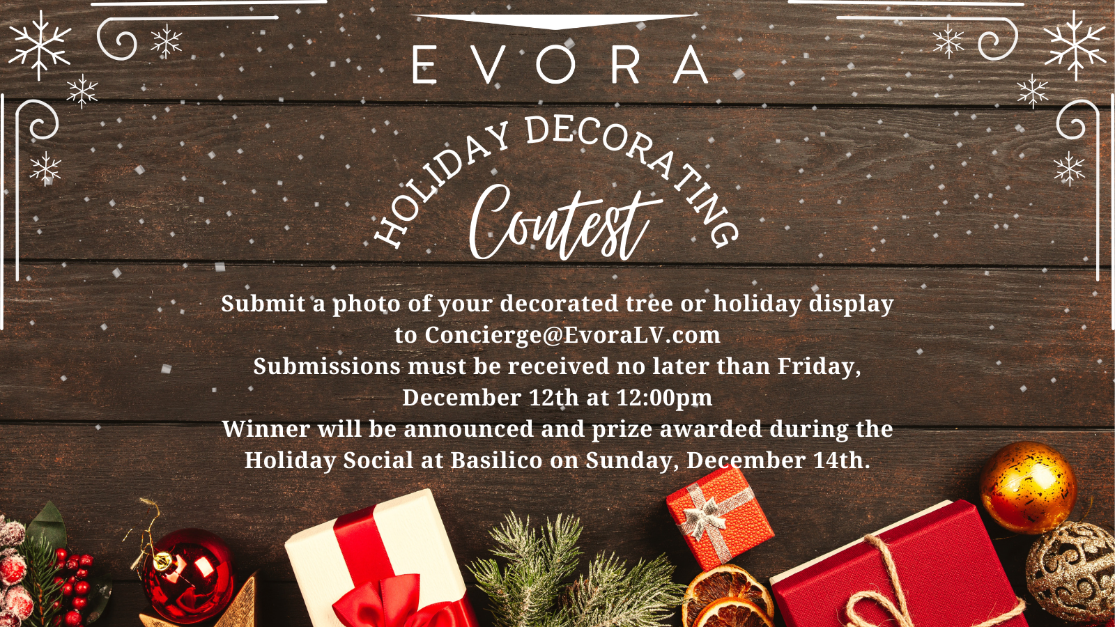 Holiday decorating contest invitation with festive ornaments, pinecones, and wrapped gifts on a wooden table.
