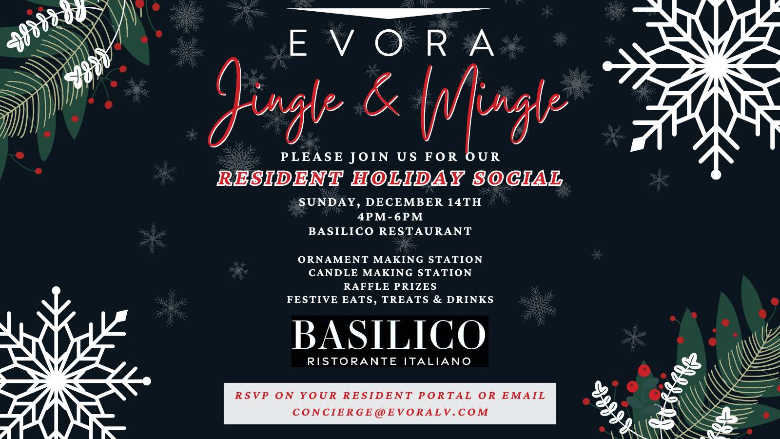 Holiday event invitation with festive decorations, snowflakes, and event details for a "Jingle & Mingle" social.