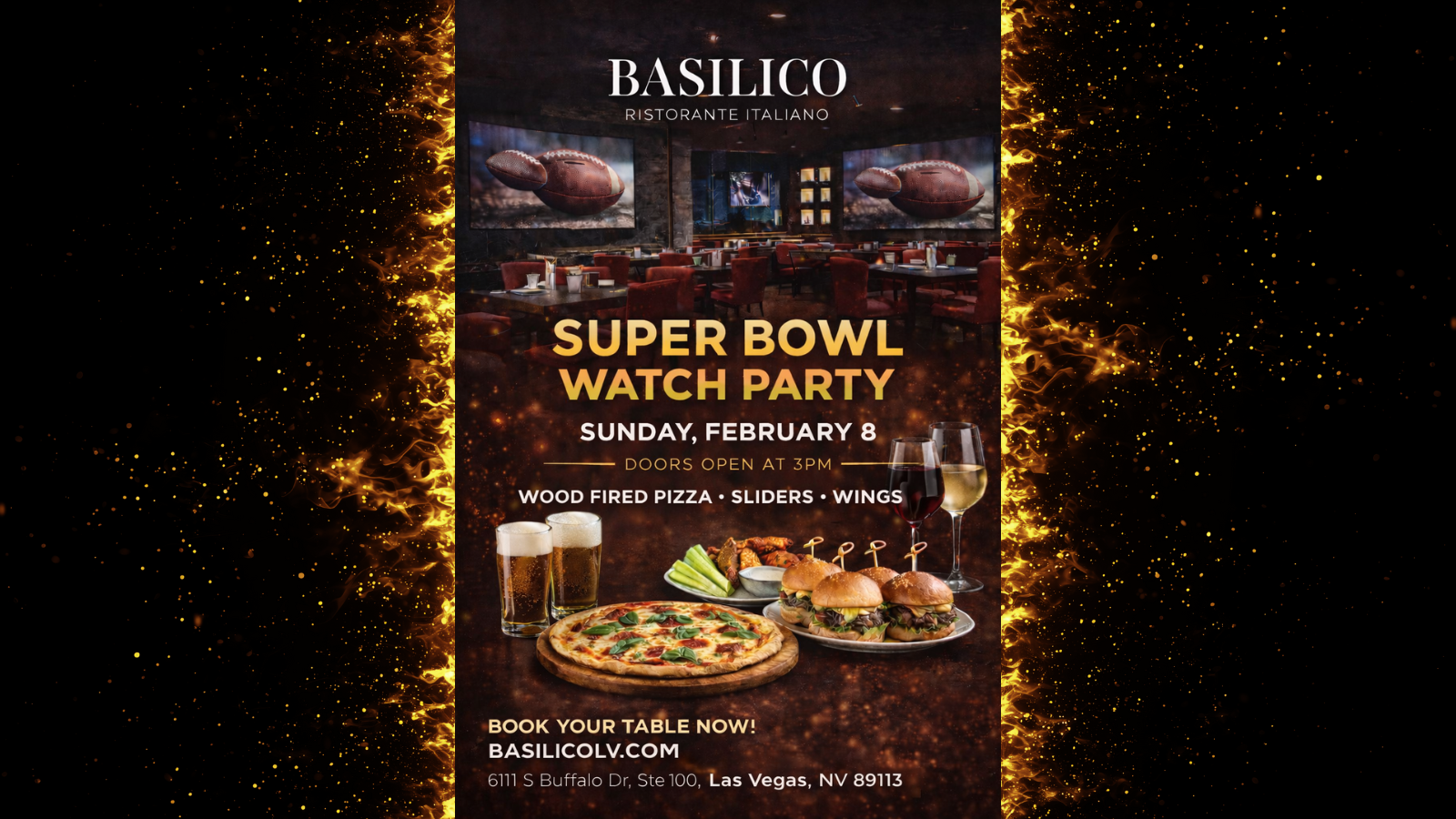 Super Bowl watch party flyer with food images, restaurant interior, and event details for Basilico.