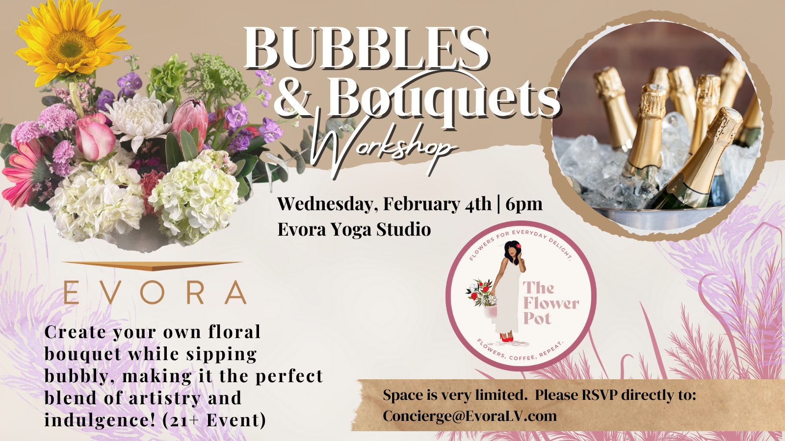 Floral arrangements, champagne bottles in ice, and event details for a Bubbles & Bouquets workshop.
