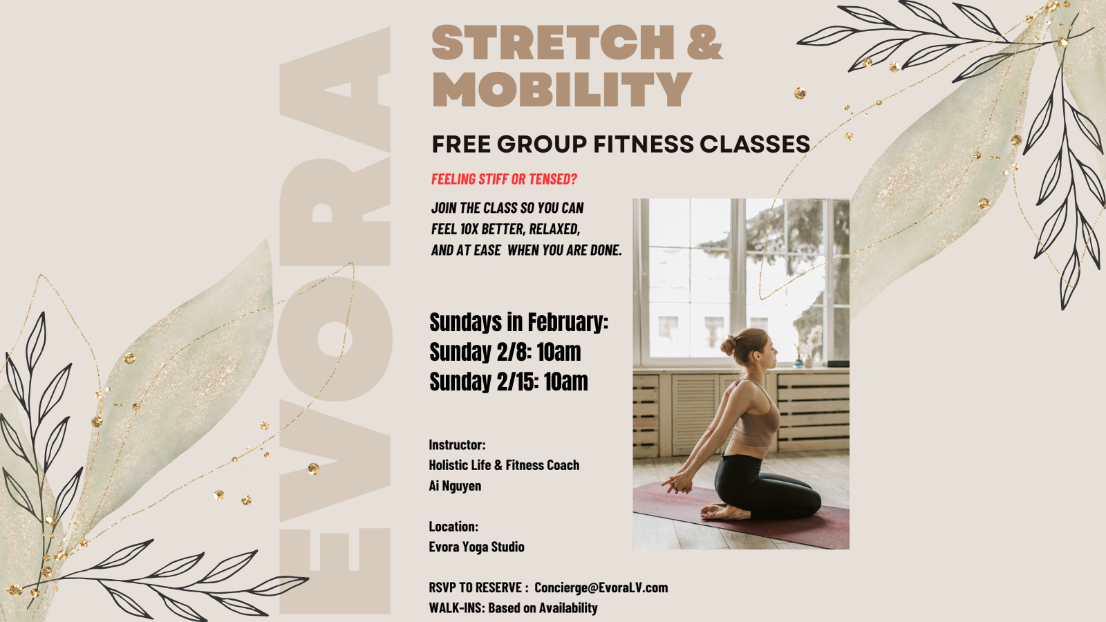 A woman practices yoga indoors; text advertises free stretch and mobility group fitness classes in February.