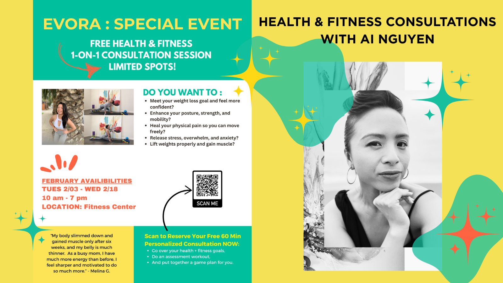 Colorful flyer offering free health & fitness consultations, featuring a woman posing and session details.