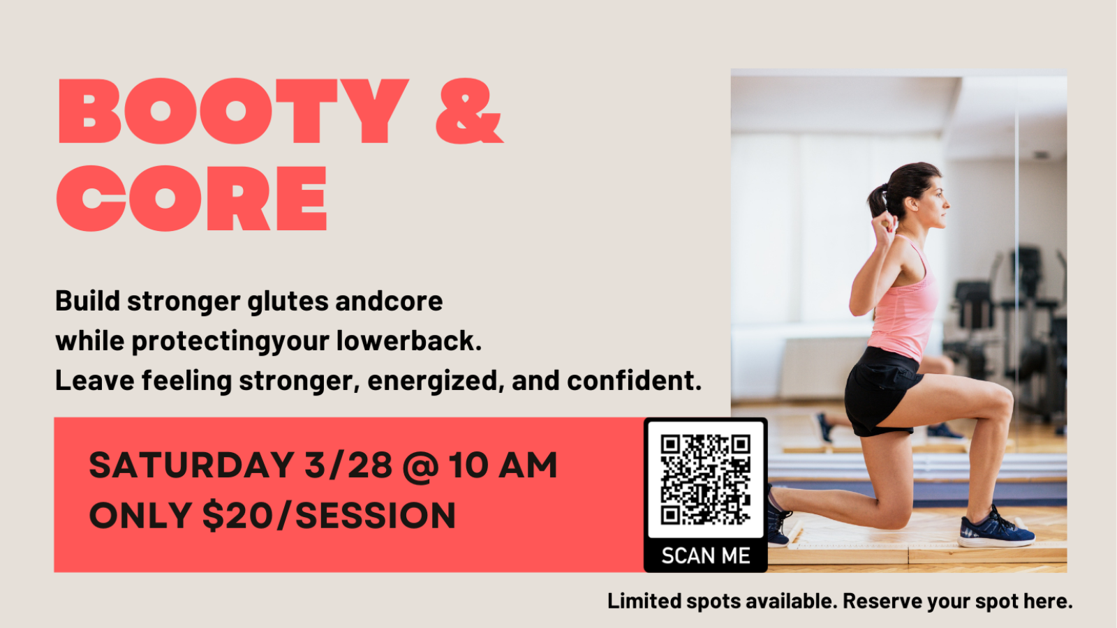 Woman doing a lunge with one leg raised; fitness class details and QR code on the left side.