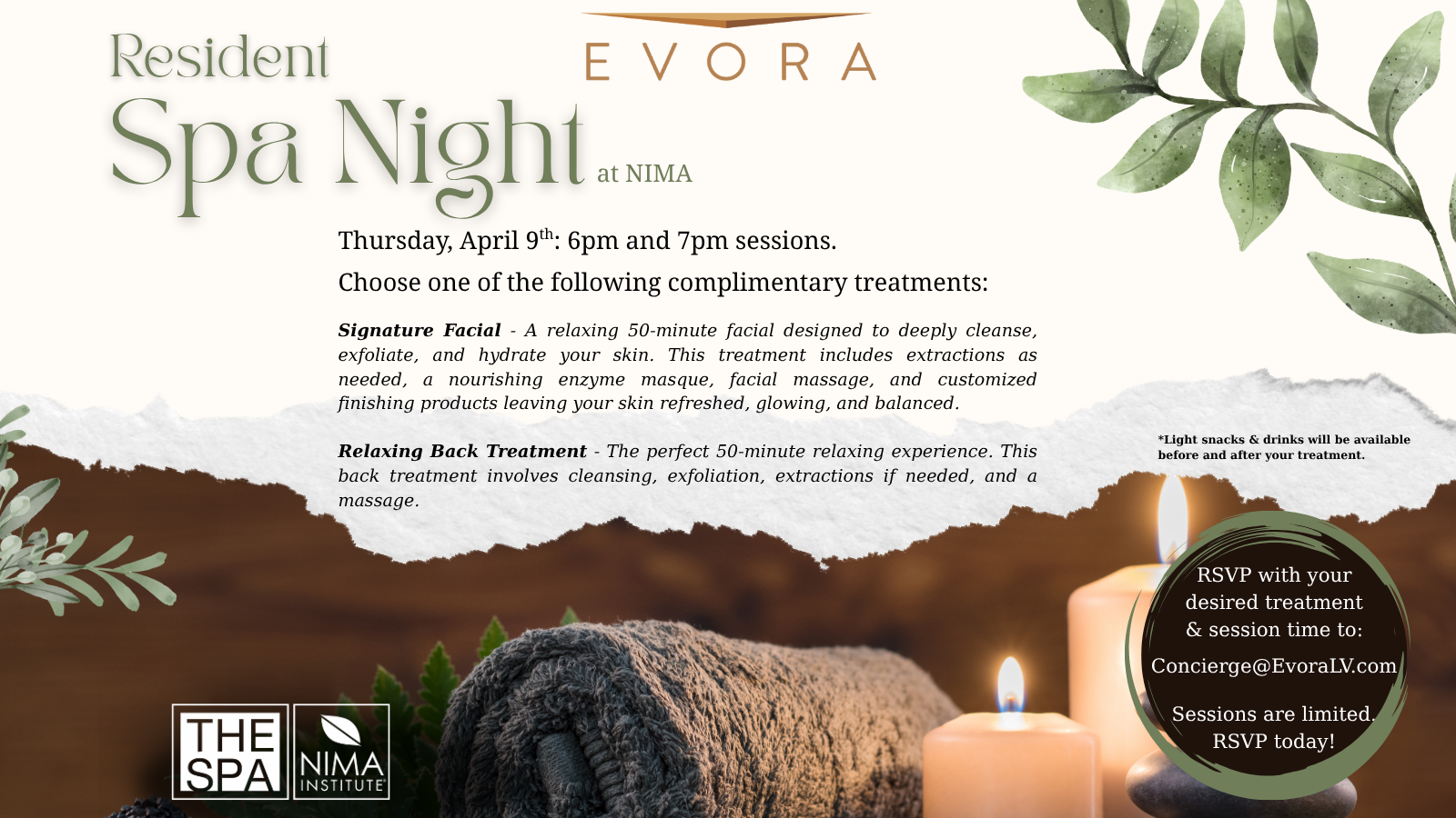 Flyer for Evora's Resident Spa Night with session details, RSVP info, and treatment descriptions on a green leafy background.