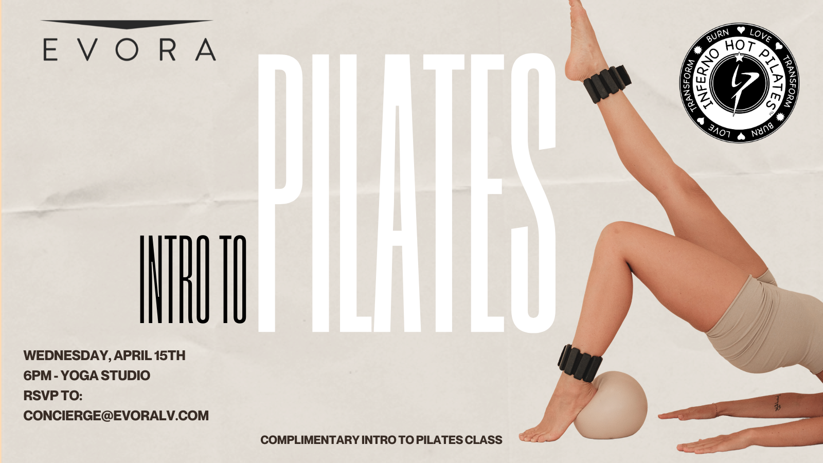 A person doing Pilates with props; text promotes a complimentary Intro to Pilates class at Evora Studio.