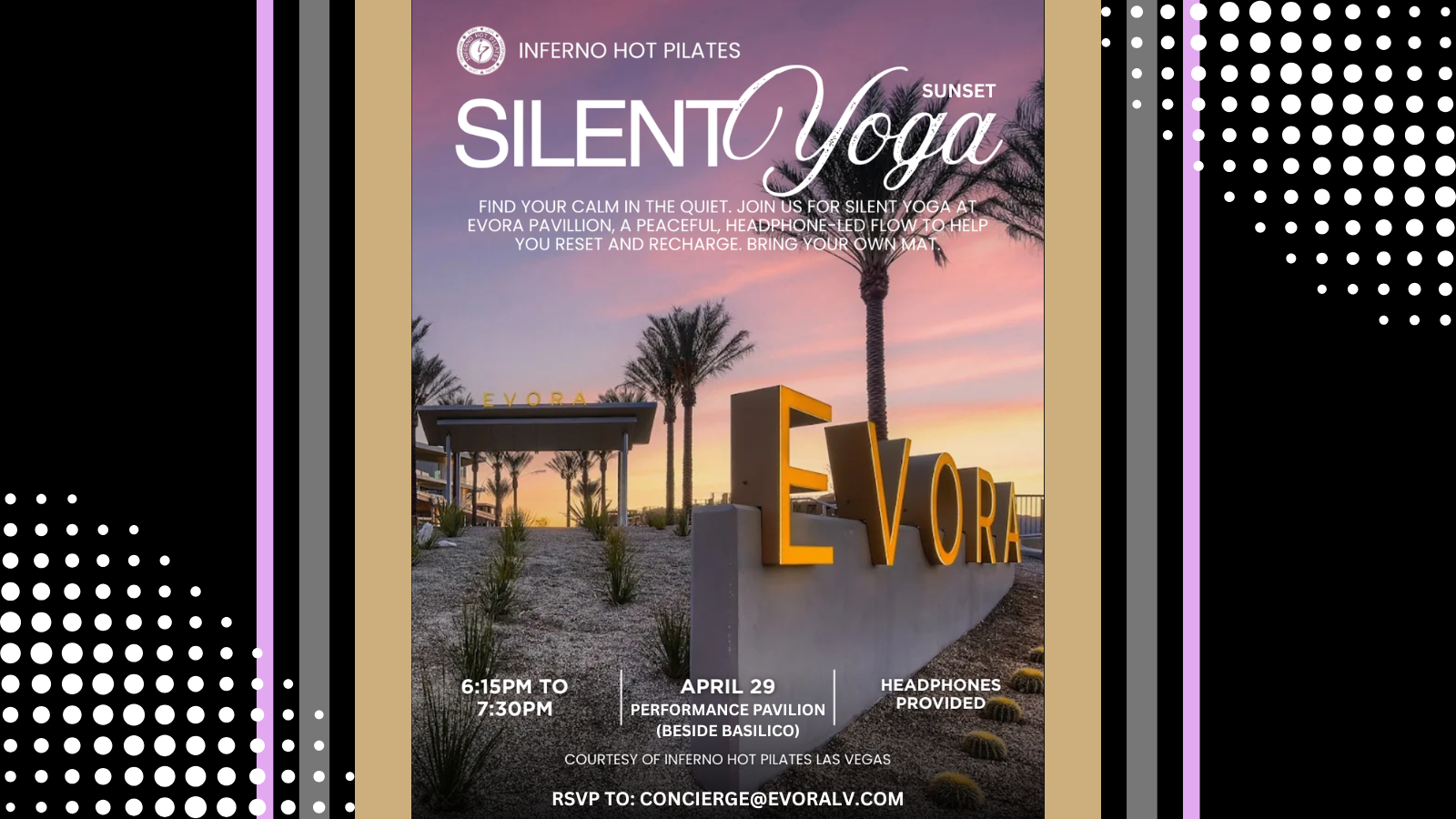 Sunset yoga event flyer with palm trees, "Evora" sign, and details for a silent yoga session on April 29.